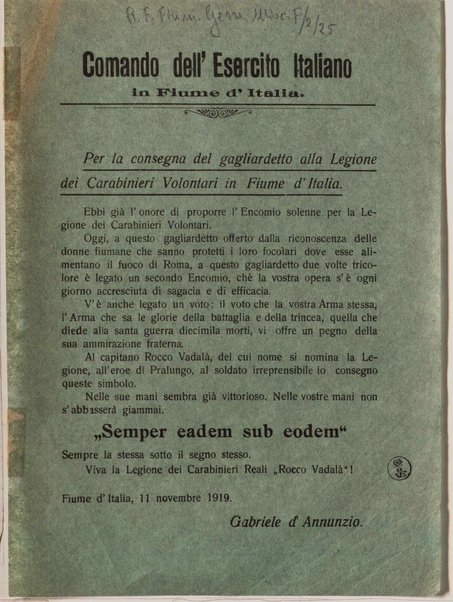 Per la consegna del gagliardetto alla Legione dei Carabinieri in Fiume d'Italia - Volantino